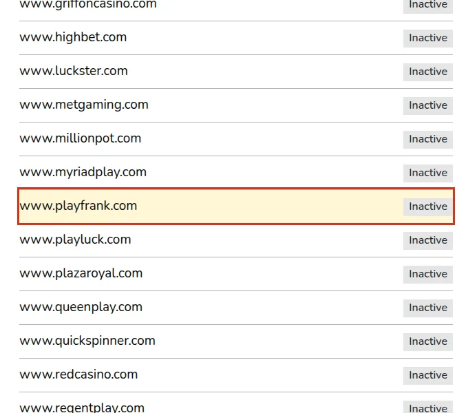 www.playfrank.com als Inactive in der Domainliste von AG Communications im Register