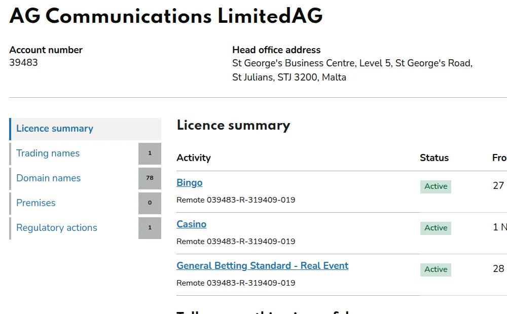 Das Register der Gambling Commission für AG Communications Limited mit aktiven Lizenzen für Bingo, Casino und Wetten