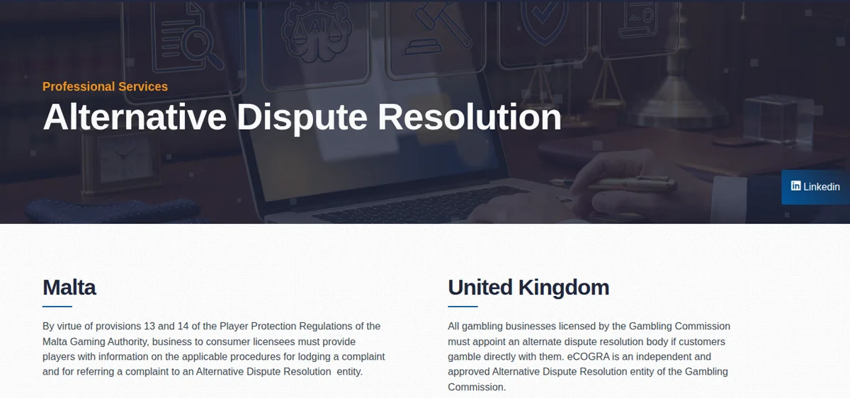 eCOGRA's side om tvistløsning med afsnittene for Malta og Storbritannien