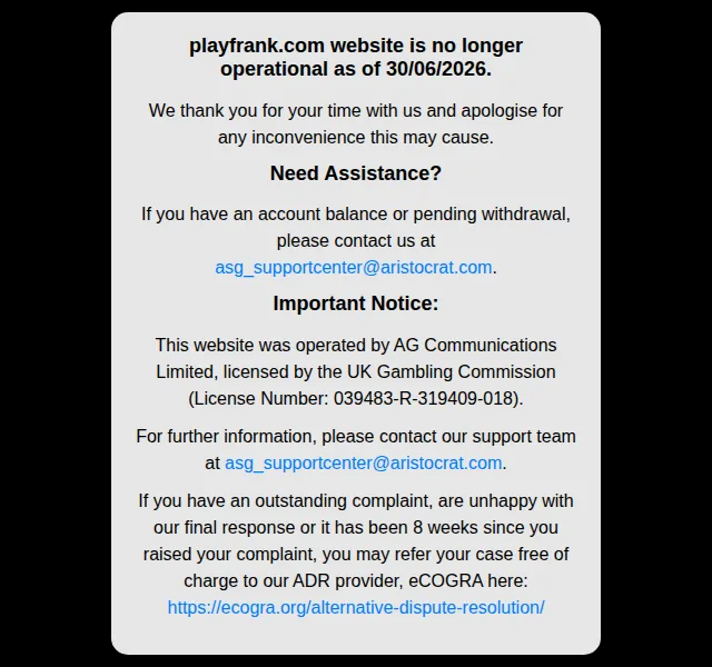 Lukningsmeddelelsen på playfrank.com: siden er ikke længere i drift fra 30/06/2026