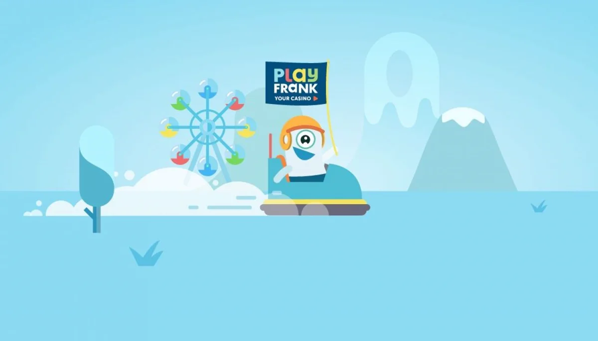 PlayFranks maskot Frank i en radiobil med flaget Play Frank »Your Casino«