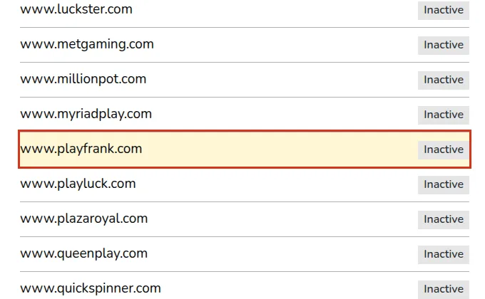 www.playfrank.com markeret som Inactive i Gambling Commissions domæneliste for AG Communications