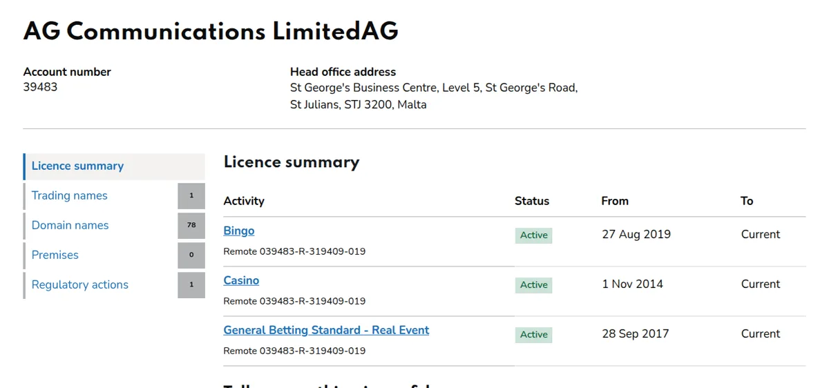 Gambling Commissions register for AG Communications Limited med aktive licenser til bingo, casino og betting