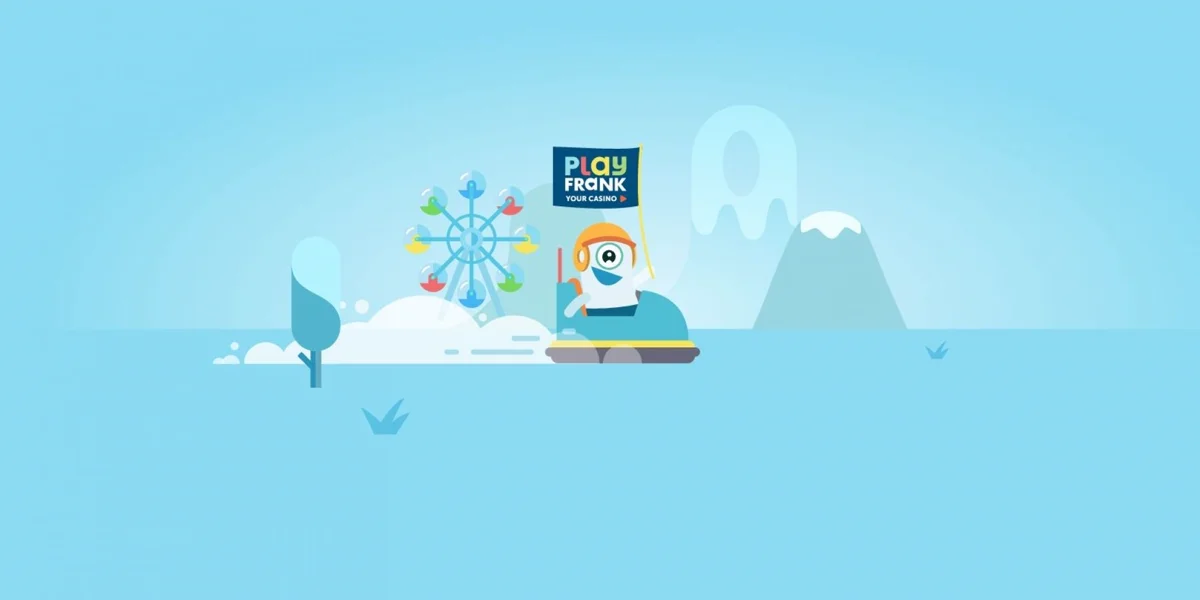 PlayFrank's mascot Frank in a bumper car holding the Play Frank “Your Casino” flag