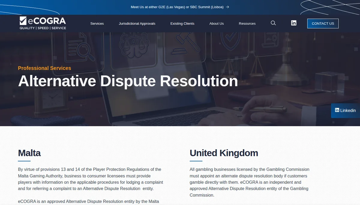 eCOGRA's Alternative Dispute Resolution page with sections for Malta and the United Kingdom