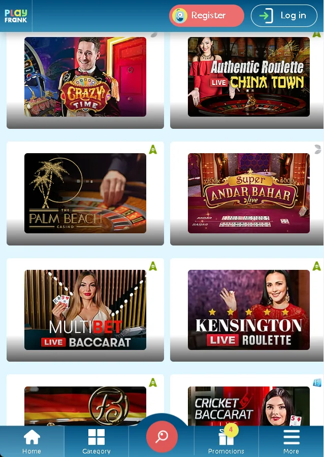 PlayFrank live casino on a phone with Crazy Time, Kensington Live Roulette and Multibet Live Baccarat