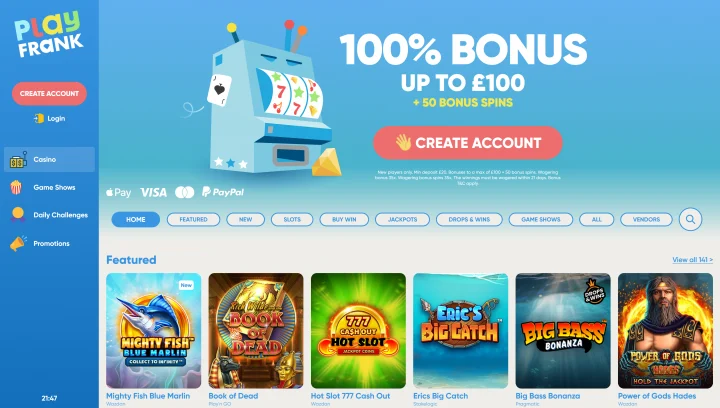 PlayFrank Casino review: screenshot of the lobby with the 100% bonus up to £100 + 50 bonus spins