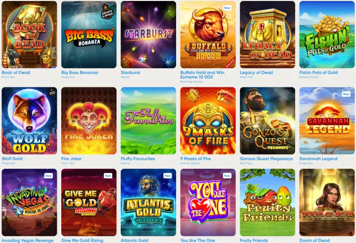 PlayFrank's slot lobby with Book of Dead, Starburst, Wolf Gold and Gonzo's Quest Megaways