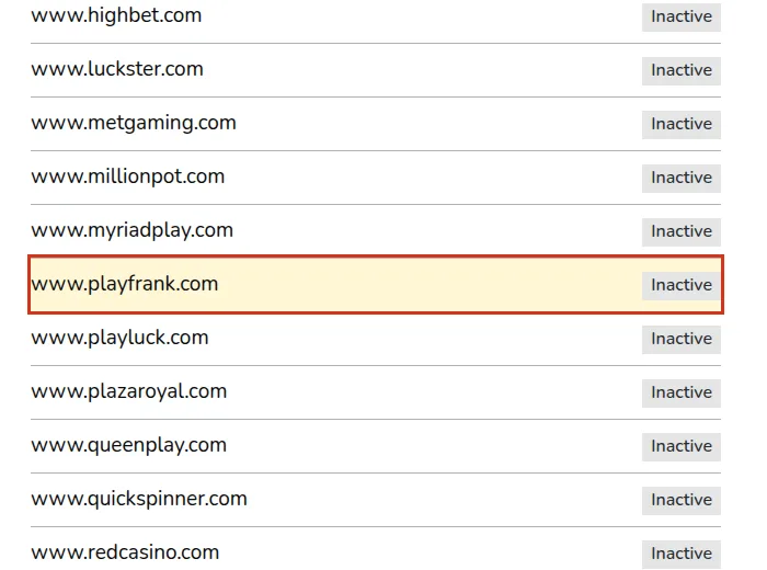 www.playfrank.com marked Inactive in the UKGC register's domain list for AG Communications