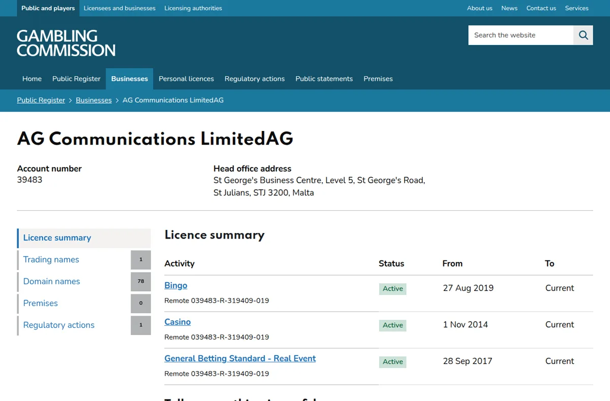 The UK Gambling Commission register for AG Communications Limited with active licences for bingo, casino and betting