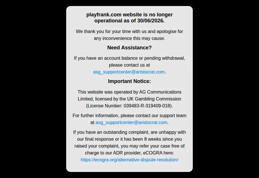 Meldingen på playfrank.com: nettstedet er ikke lenger i drift fra 30/06/2026