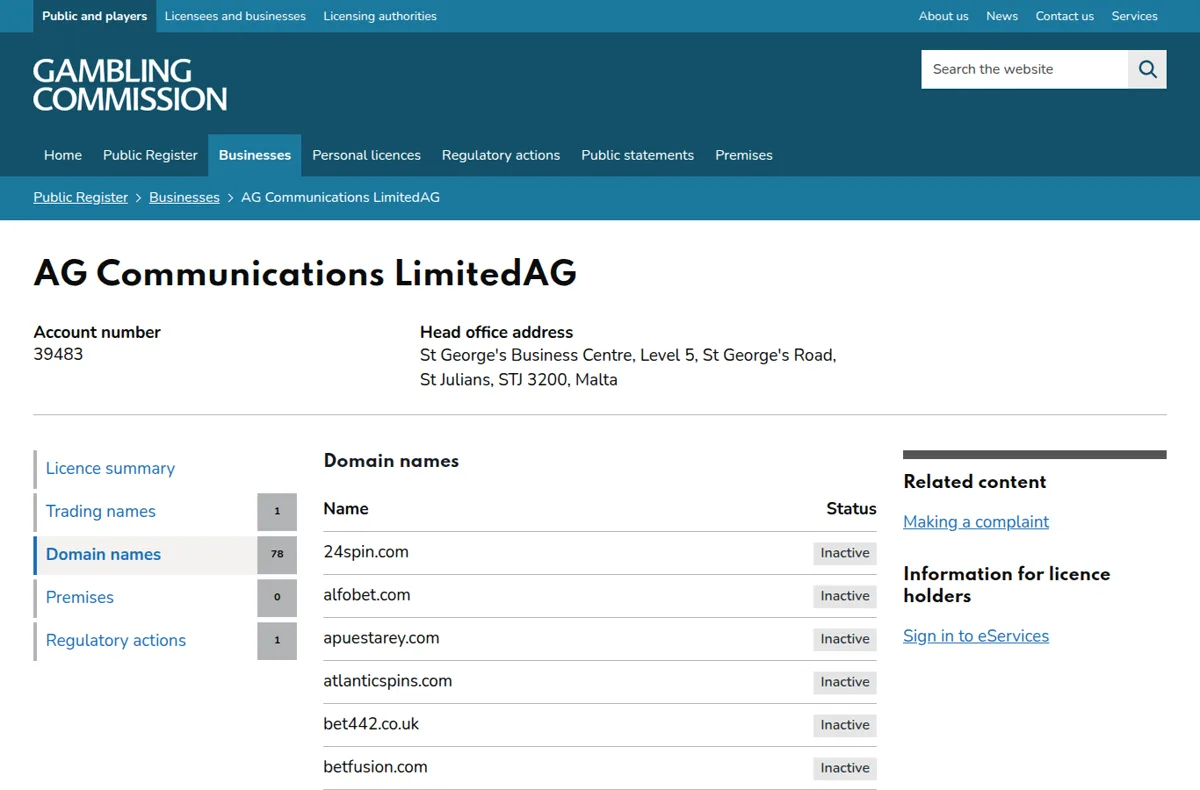 Domenelisten til AG Communications Limited i Gambling Commissions register, der alle domener står som Inactive