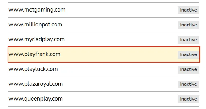 www.playfrank.com markert som Inactive i domenelisten