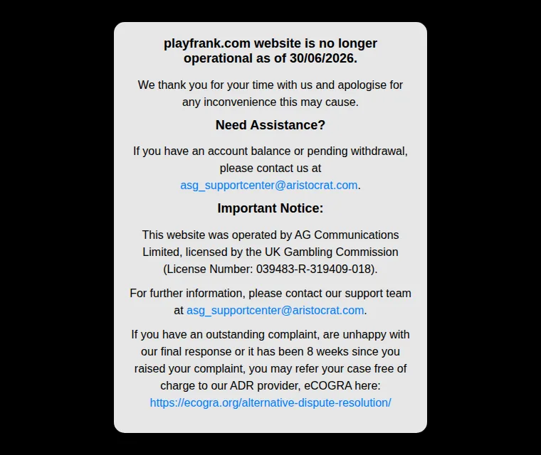 Stängningsmeddelandet på playfrank.com: sajten är inte längre i drift från och med 30/06/2026