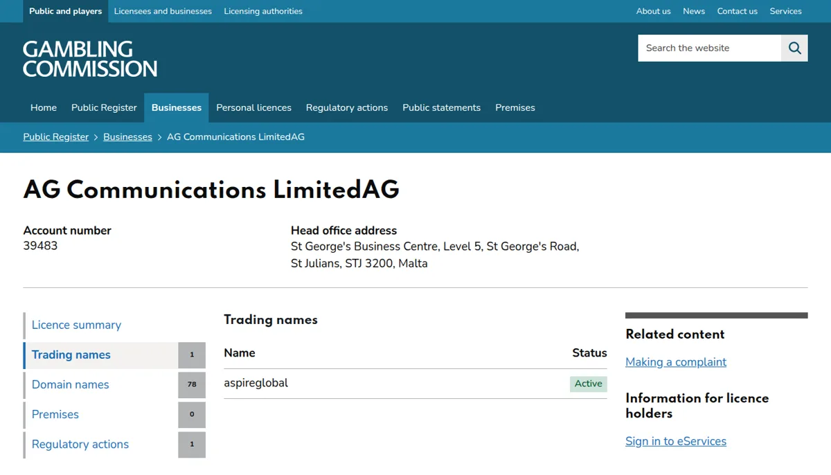 Handelsnamnen för AG Communications Limited i Gambling Commissions register, där bara aspireglobal finns kvar