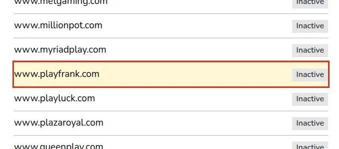 www.playfrank.com markerad som Inactive i Gambling Commissions domänlista för AG Communications