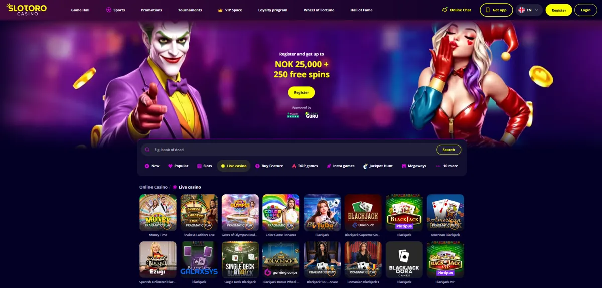 Live casino hos Slotoro med blackjack og game shows