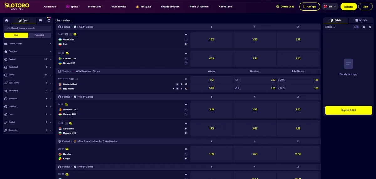 Sportsbooken hos Slotoro med livebetting