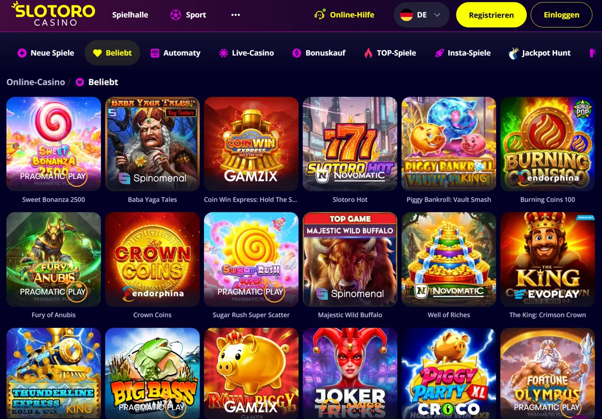 Deutschsprachige Lobby des Slotoro Casino mit den Rubriken Neue Spiele, Beliebt, Live-Casino, Bonuskauf, TOP-Spiele und Jackpot Hunt