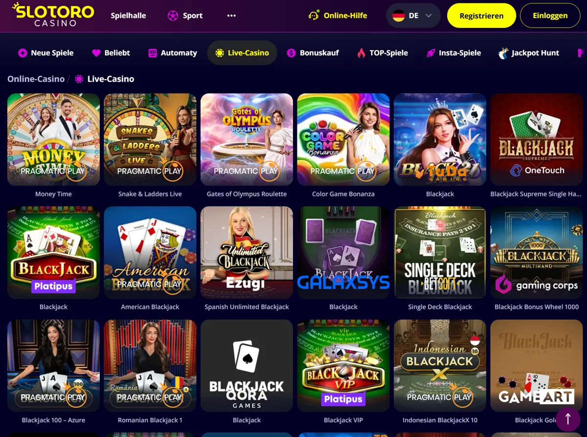 Live-Casino im Slotoro Casino auf Deutsch mit Money Time, Gates of Olympus Roulette und zahlreichen Blackjack-Tischen