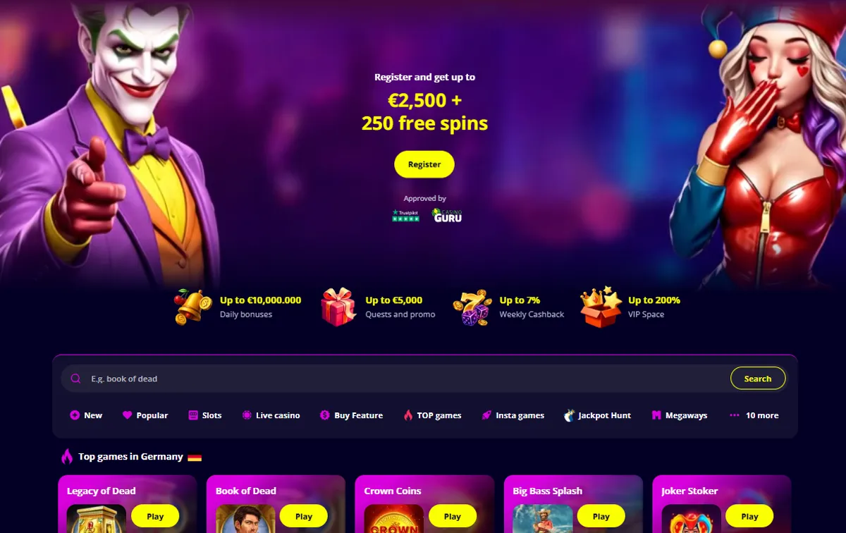 Startseite des Slotoro Casino mit dem Willkommensbonus von 2.500 € und der Rubrik Top games in Germany