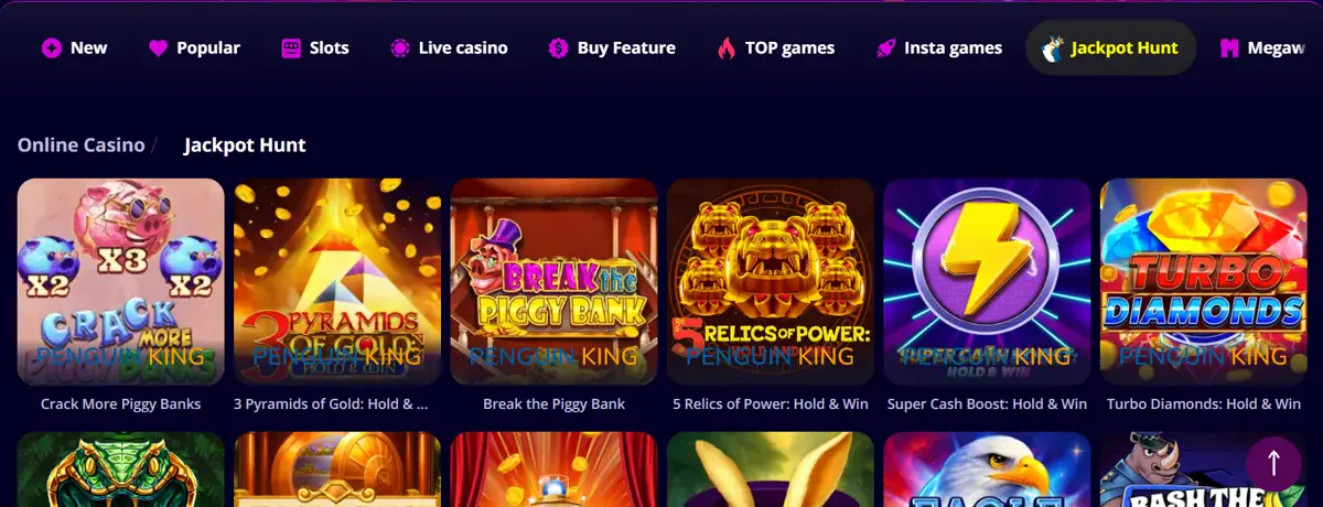 Kategorien Jackpot Hunt hos Slotoro Casino med Hold & Win-spil fra Penguin King