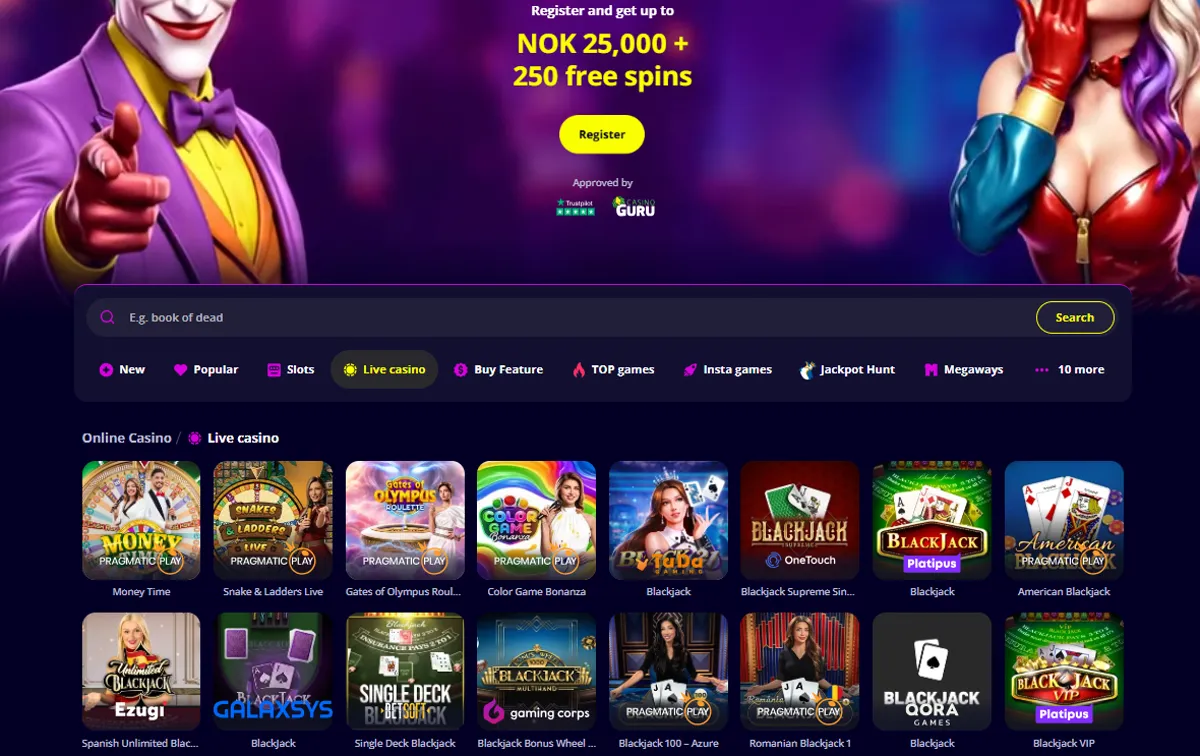 Live casino hos Slotoro Casino med Money Time, Gates of Olympus Roulette og blackjackbord, sett fra Norge