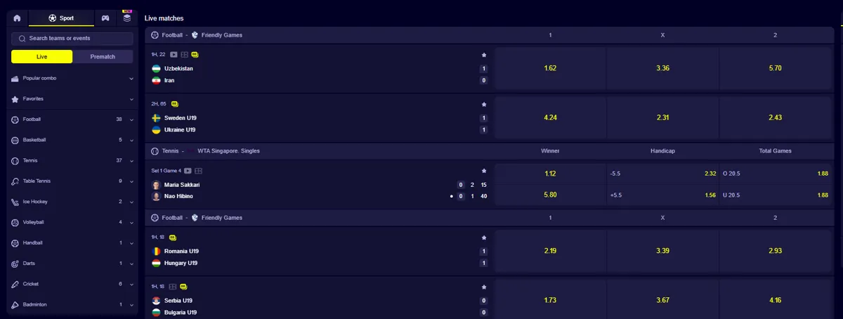 Sportsbooken hos Slotoro Casino med livekamper i fotball og tennis