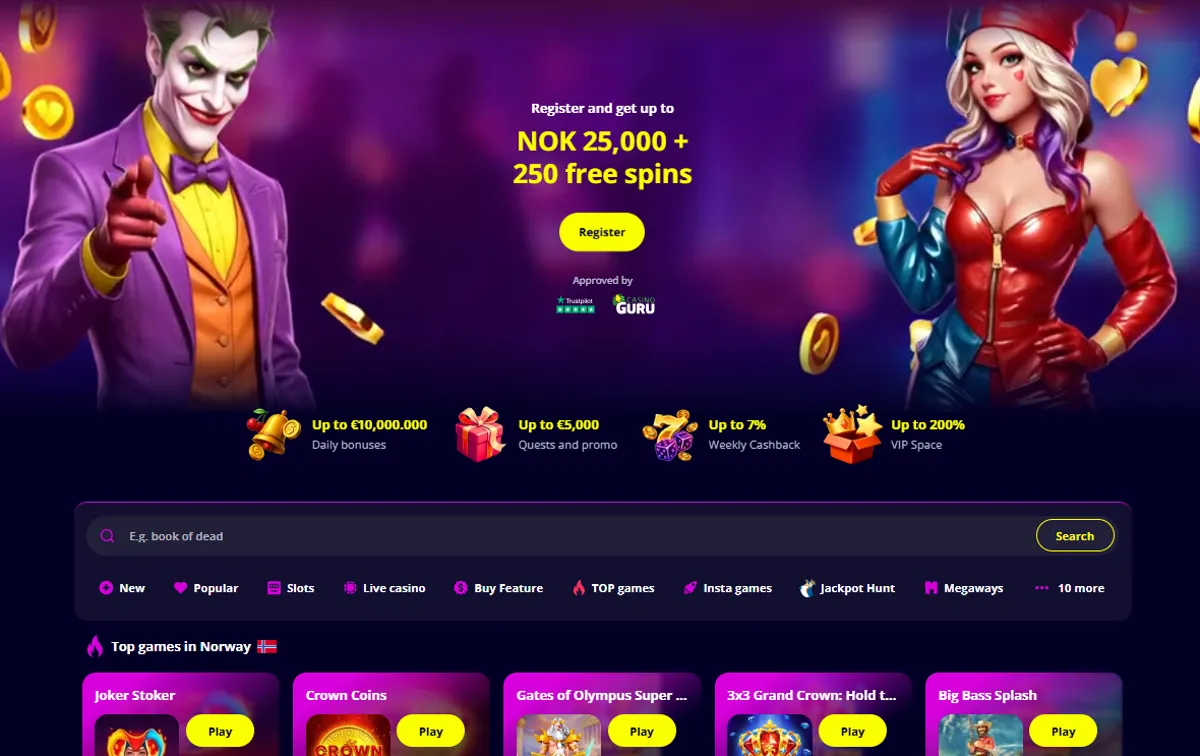 Forsiden til Slotoro Casino for norske besøkende med velkomstpakken på 25 000 kr og listen Top games in Norway