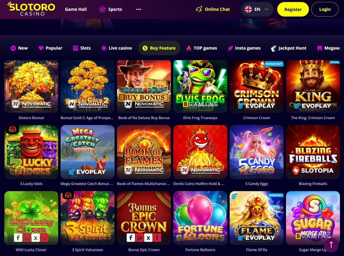 Kategorin Buy Feature hos Slotoro Casino med spel som Slotoro Bonsai och Book of Ra Deluxe Buy Bonus