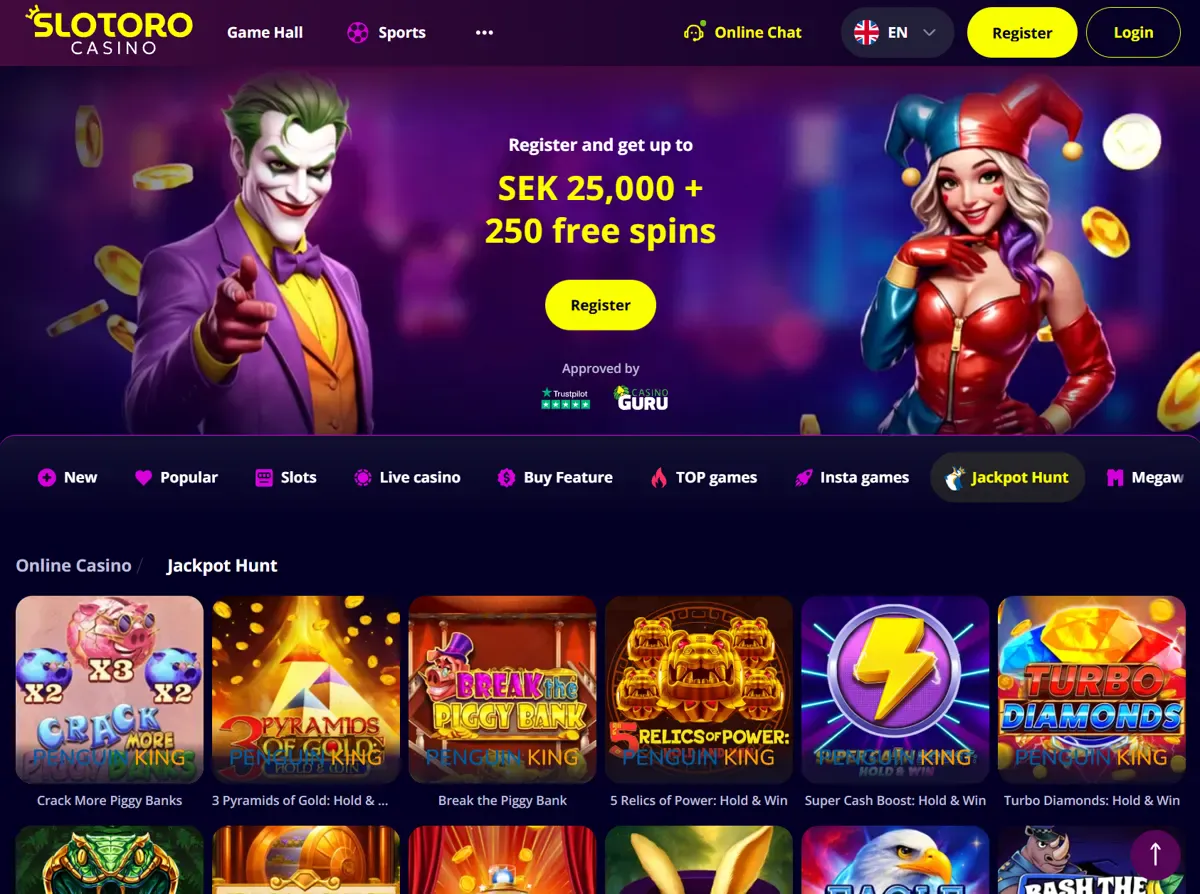 Startsidan hos Slotoro Casino med ”SEK 25,000 + 250 free spins” och kategorin Jackpot Hunt