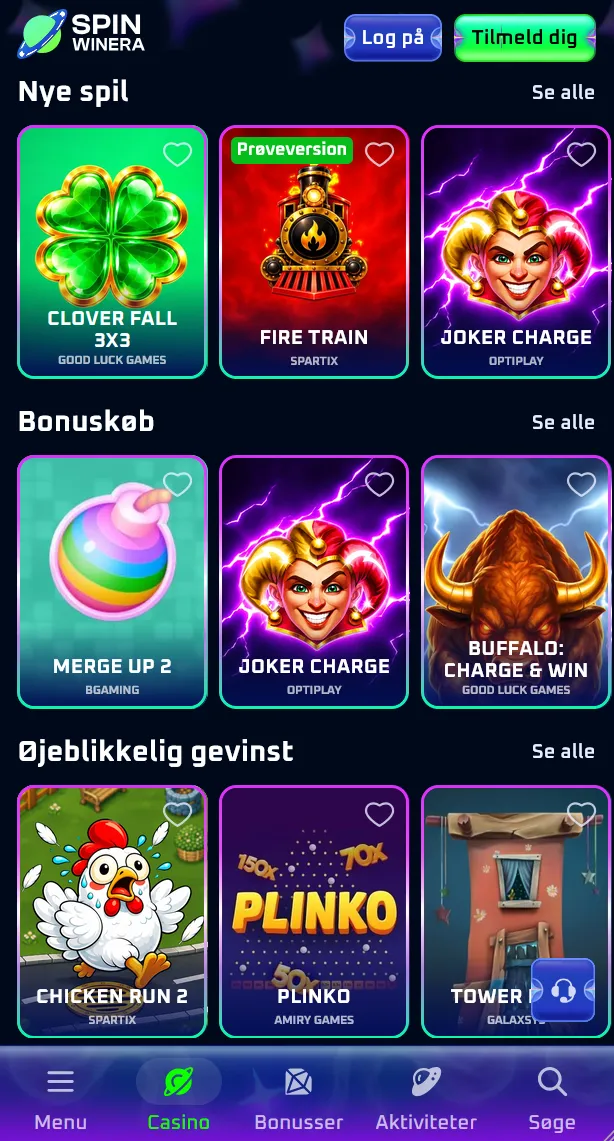 Spinwineras danske mobilforside med nye spil, bonuskøb og øjeblikkelig gevinst