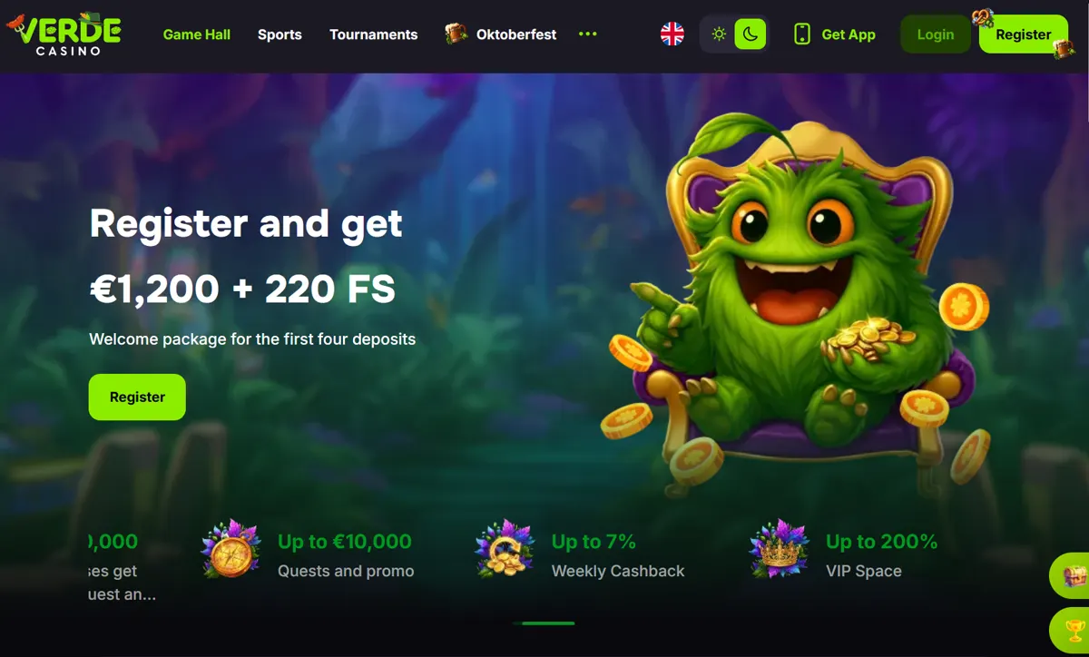 Verde Casinos velkomstpakke: 1.200 EUR og 220 free spins