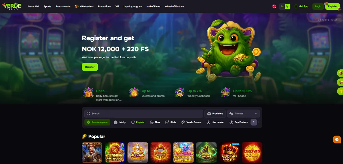 VerdeCasinos forside for norske besøkende med velkomstpakke på 12 000 kr