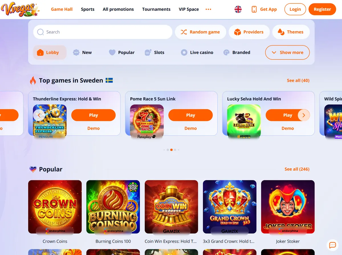 V.Vegas spellobby med populära spel i Sverige