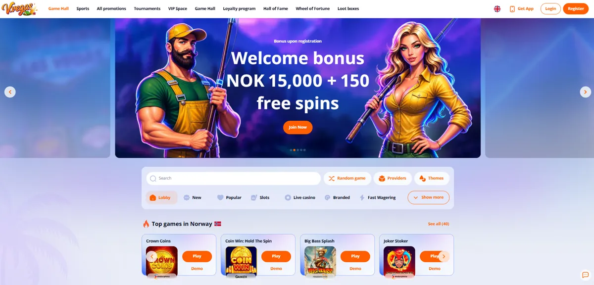 V.Vegas' forside for norske besøkende med velkomstbonus på 15 000 kr
