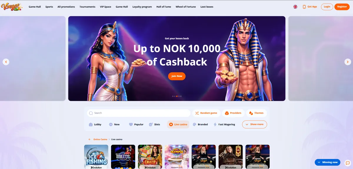 Live casino hos V.Vegas med banner om cashback opptil 10 000 kr