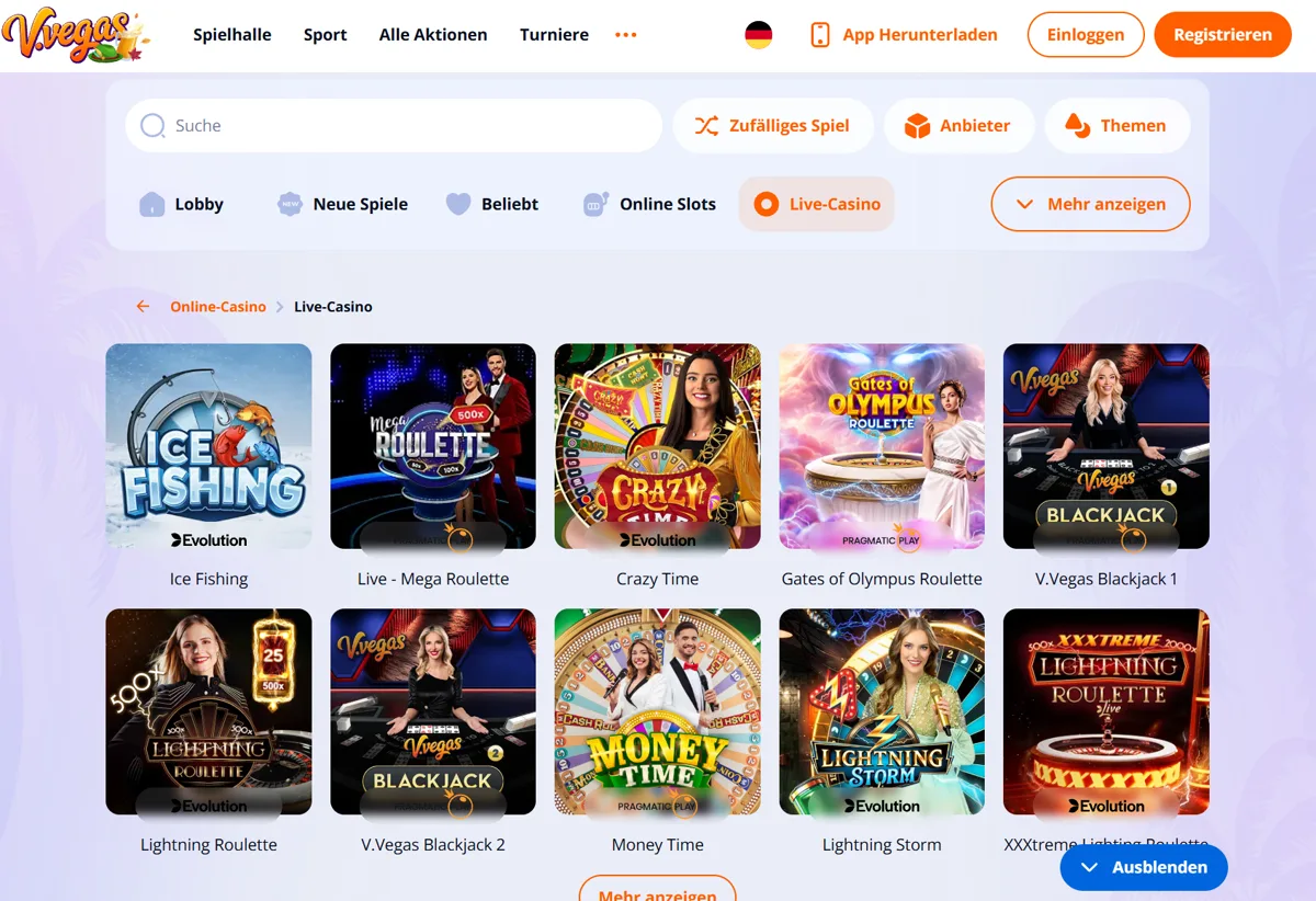 Live-Casino bei V.Vegas mit Ice Fishing, Mega Roulette, Crazy Time und V.Vegas Blackjack