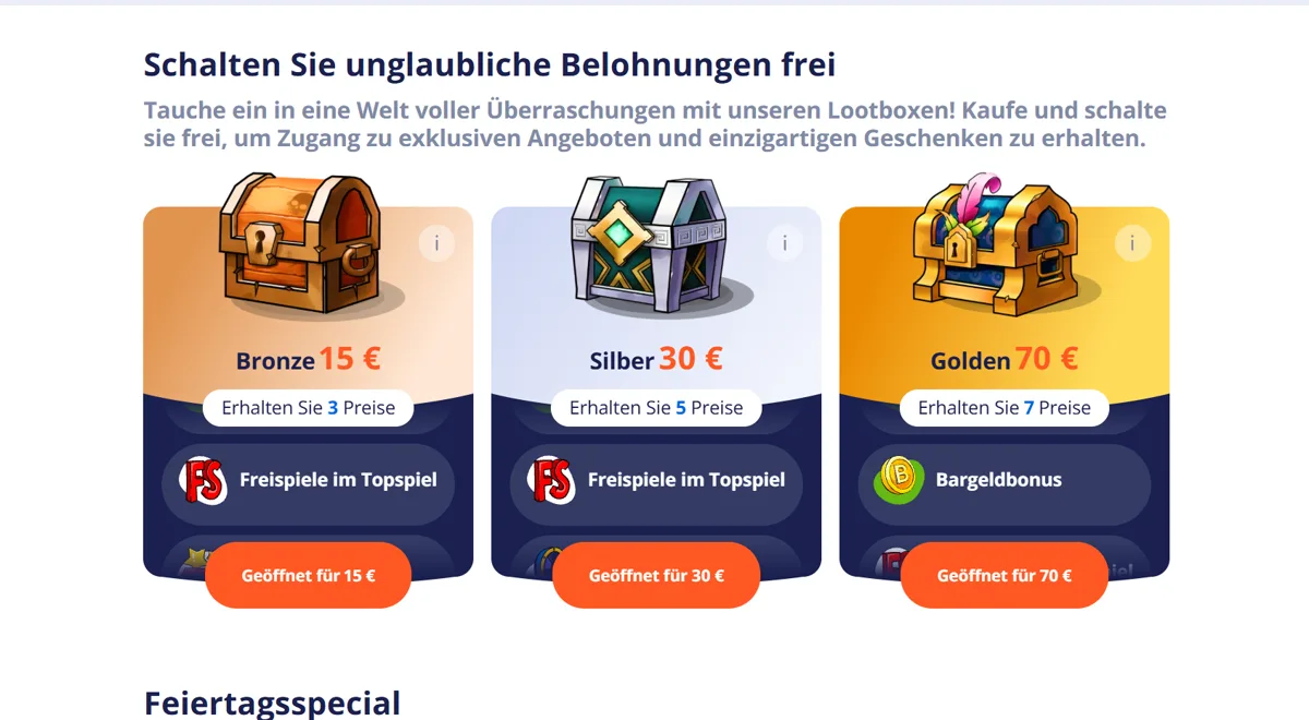 Lootboxen bei V.Vegas: Bronze für 15 €, Silber für 30 € und Golden für 70 €