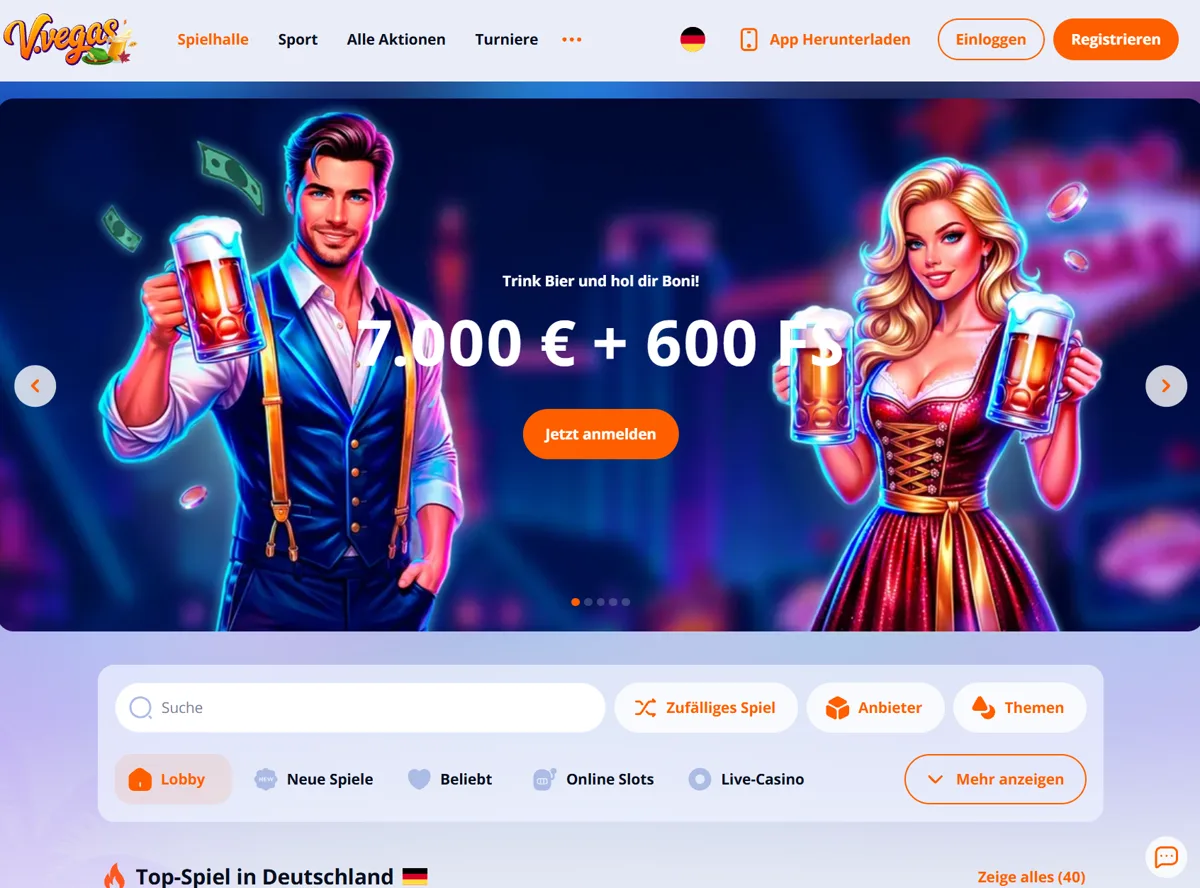 Deutsche Startseite von V.Vegas mit der Aktion Trink Bier über 7.000 € + 600 FS