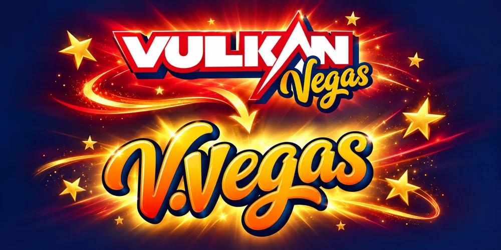Den gamle Vulkan Vegas-logoen over den nye V.Vegas-logoen med en pil imellom