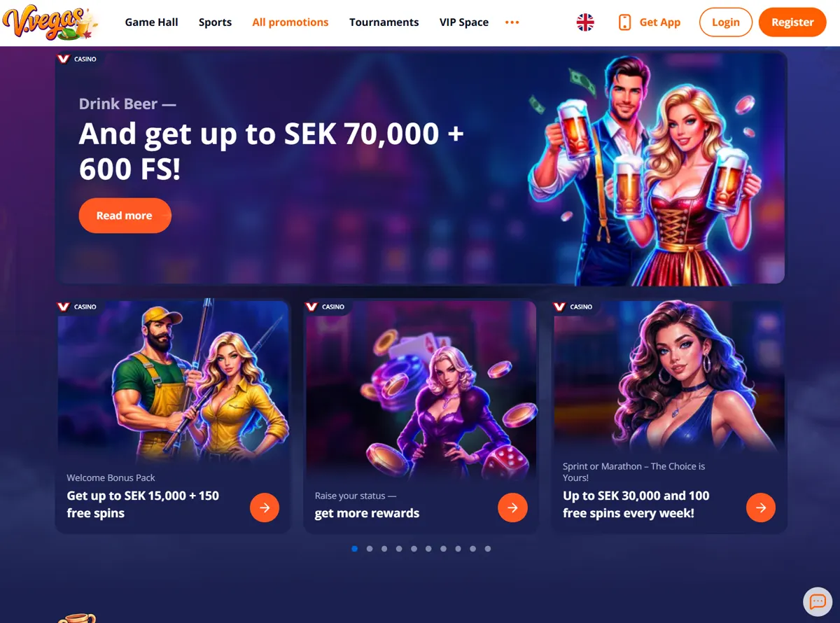Kampanjsidan hos V.Vegas med välkomstpaketet på SEK 15,000 + 150 free spins